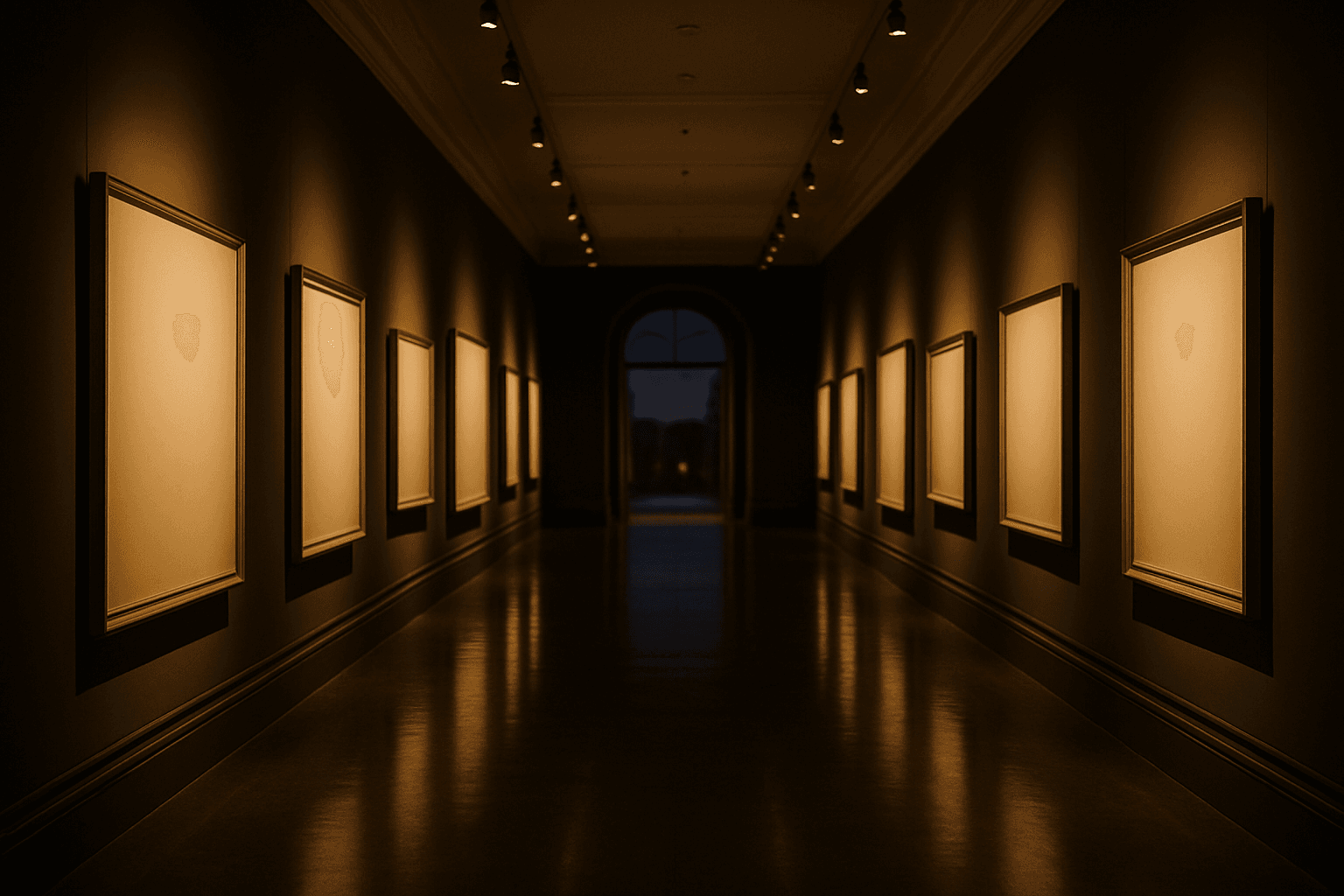 Elegant gallery hall with illuminated frames along dark walls