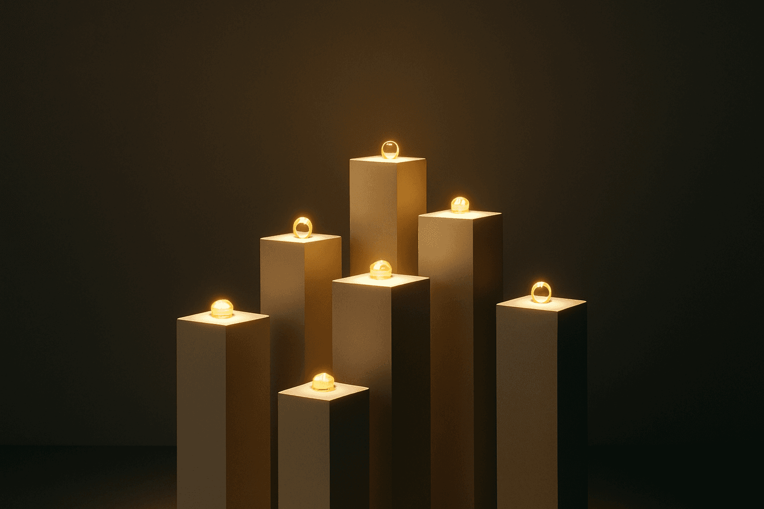 Seven tiered pedestal stands of ascending height, each softly lit