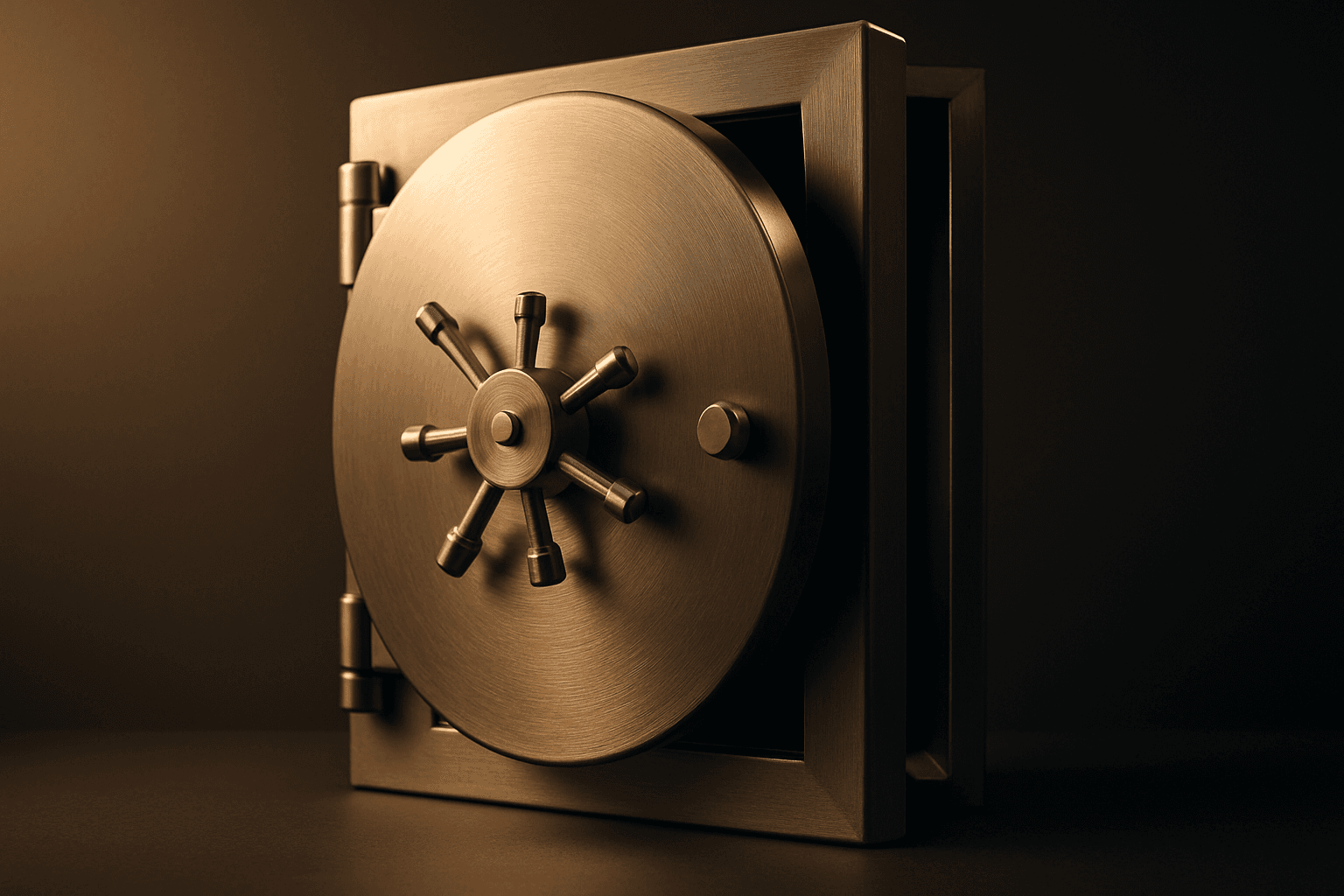A polished brushed-metal vault door standing slightly open