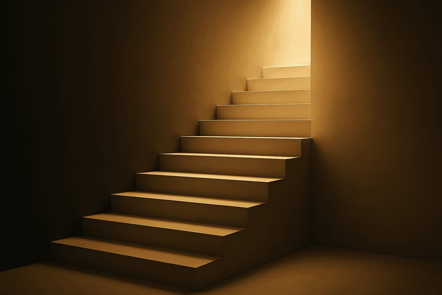 An elegant minimalist staircase ascending into soft golden light