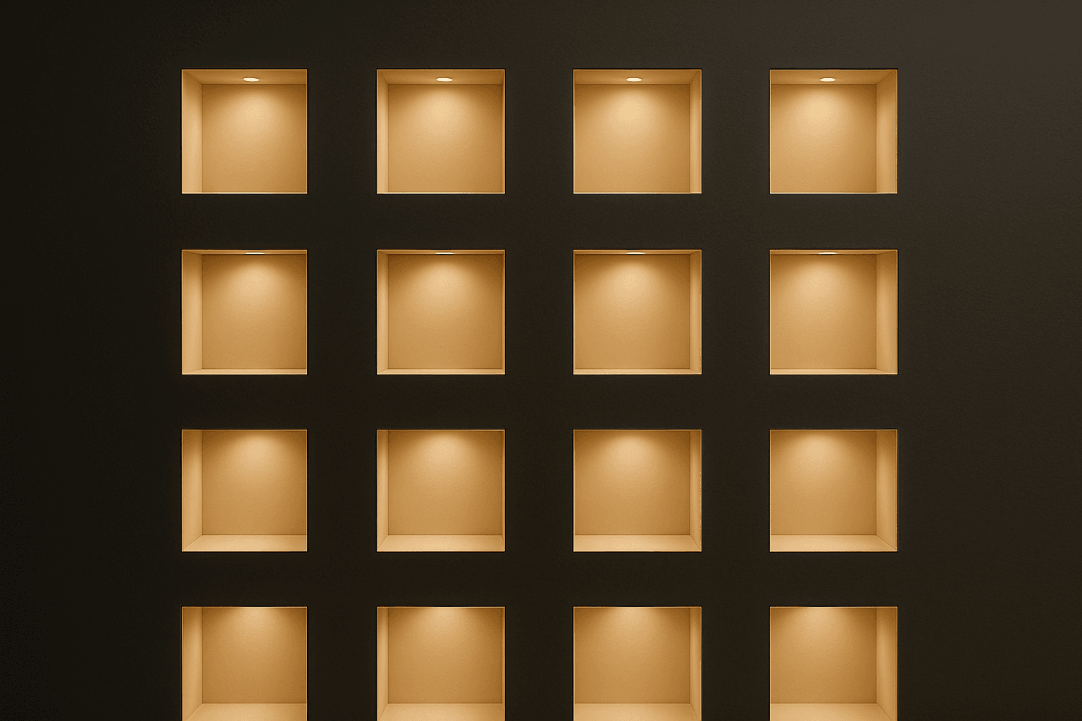 A grid of small illuminated display niches on a dark wall