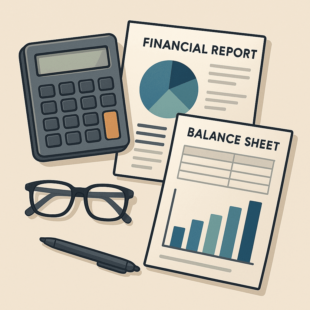 A calculator, glasses, a pen, a financial report, and a balance sheet are arranged on a light background.