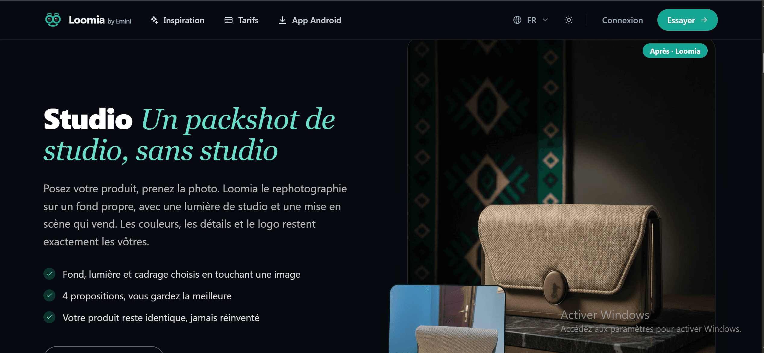 The image shows a stylish beige handbag displayed on a dark surface, with a decorative patterned background.